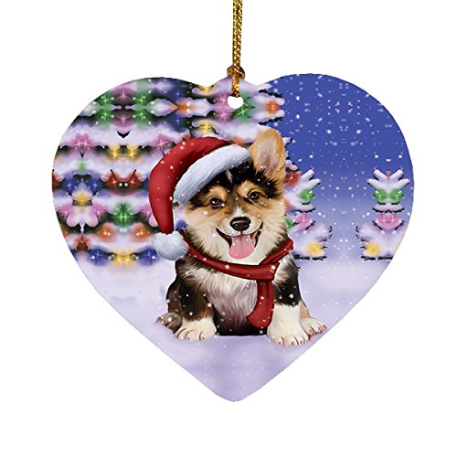 Winterland Wonderland Corgis Puppy Dog In Christmas Holiday Scenic Background Heart Ornament