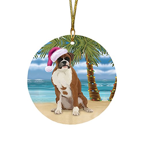Summertime Boxer Dog on Beach Christmas Round Flat Ornament POR1618
