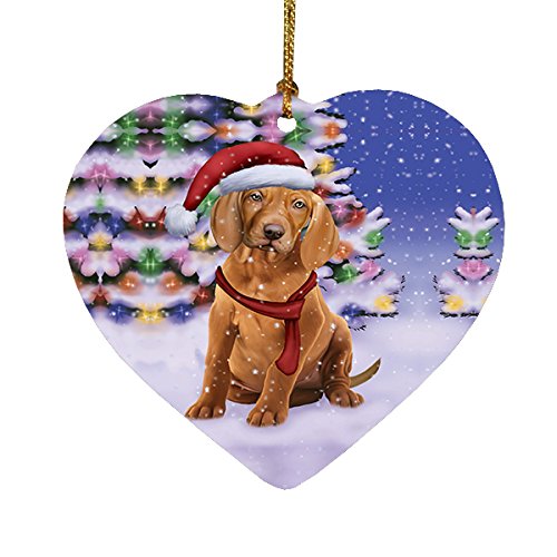 Winterland Wonderland Vizsla Puppy Dog In Christmas Holiday Scenic Background Heart Ornament