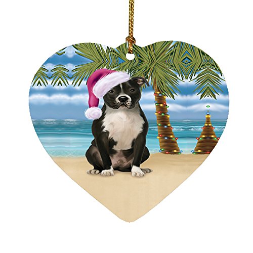 Summertime Pit Bull Dog on Beach Christmas Heart Ornament POR2261