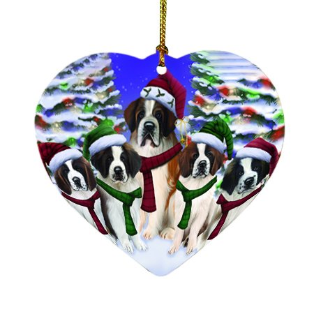 Saint Bernard Dog Christmas Family Portrait in Holiday Scenic Background Heart Ornament D154