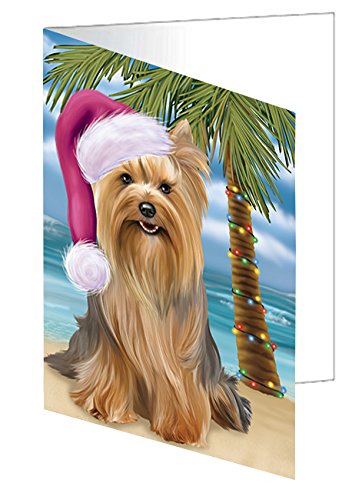 Summertime Happy Holidays Christmas Yorkshire Terriers Dog on Tropical Island Beach Handmade Artwork Assorted Pets Greeting Cards and Note Cards with Envelopes for All Occasions and Holiday Seasons D452