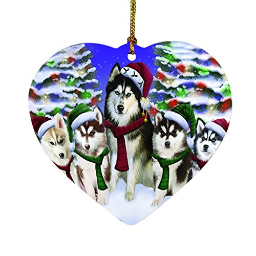 Siberian Huskies Dog Christmas Family Portrait in Holiday Scenic Background Heart Ornament D151