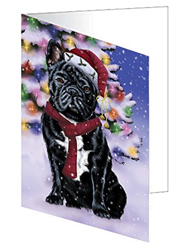 Winterland Wonderland French Bulldogs Dog In Christmas Holiday Scenic Background Handmade Artwork Assorted Pets Greeting Cards and Note Cards with Envelopes for All Occasions and Holiday Seasons