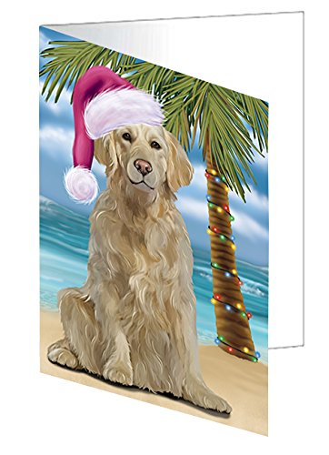 Summertime Christmas Happy Holidays Golden Retriever Dog on Beach Handmade Artwork Assorted Pets Greeting Cards and Note Cards with Envelopes for All Occasions and Holiday Seasons GCD3175