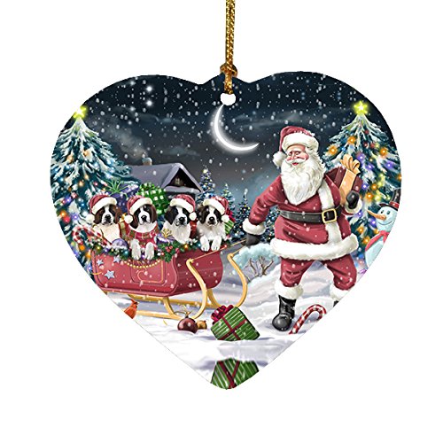 Santa Sled Dogs Saint Bernard Christmas Heart Ornament POR2106
