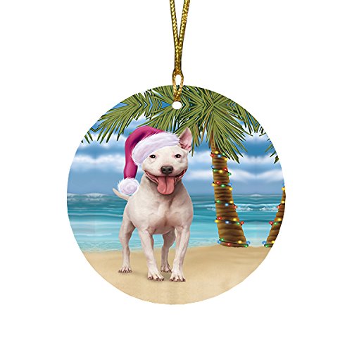 Summertime Bull Terrier Dog on Beach Christmas Round Flat Ornament POR1635