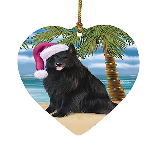 Summertime Happy Holidays Christmas Belgian Shepherds Dog on Tropical Island Beach Heart Ornament