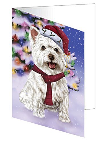 Winterland Wonderland West Highland Terriers Dog In Christmas Holiday Scenic Background Handmade Artwork Assorted Pets Greeting Cards and Note Cards with Envelopes for All Occasions and Holiday Seasons