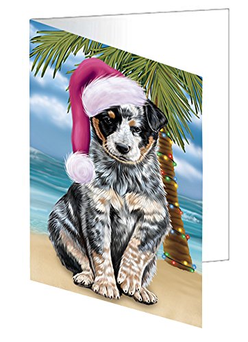 Summertime Happy Holidays Christmas Australian Cattle Dog on Tropical Island Beach Handmade Artwork Assorted Pets Greeting Cards and Note Cards with Envelopes for All Occasions and Holiday Seasons