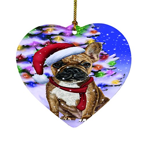 Winterland Wonderland French Bulldogs Dog In Christmas Holiday Scenic Background Heart Ornament D495