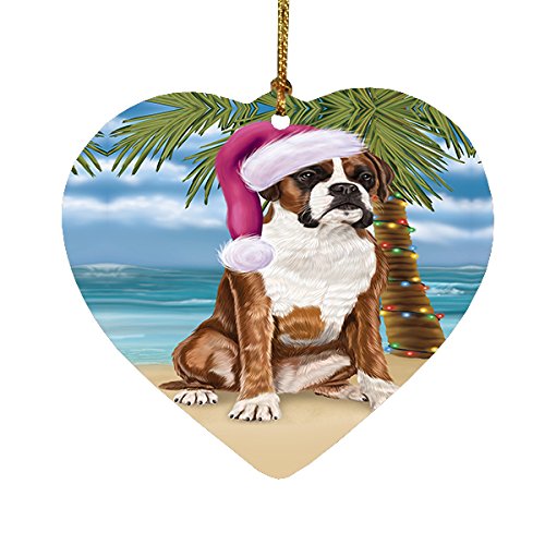 Summertime Happy Holidays Christmas Boxers Dog on Tropical Island Beach Heart Ornament