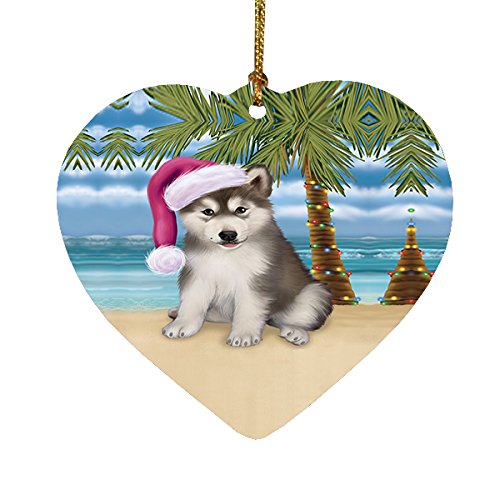 Summertime Alaskan Malamute Puppy on Beach Christmas Heart Ornament POR2114