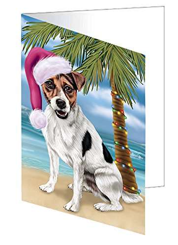 Summertime Happy Holidays Christmas Jack Russel Dog on Tropical Island Beach Handmade Artwork Assorted Pets Greeting Cards and Note Cards with Envelopes for All Occasions and Holiday Seasons D420