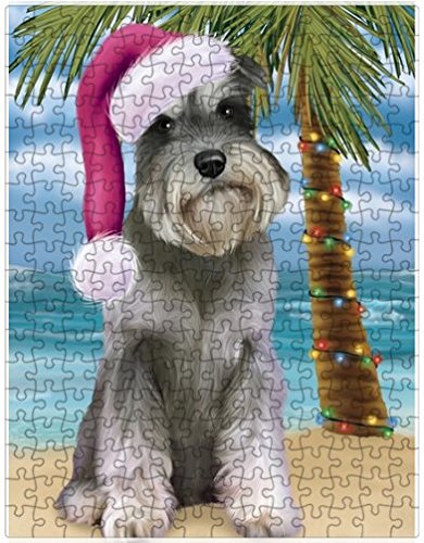 Summertime Happy Holidays Christmas Schnauzer Dog on Tropical Island Beach Puzzle with Photo Tin