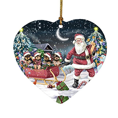 Santa Sled Dogs Yorkshire Terrier Christmas Heart Ornament POR2098