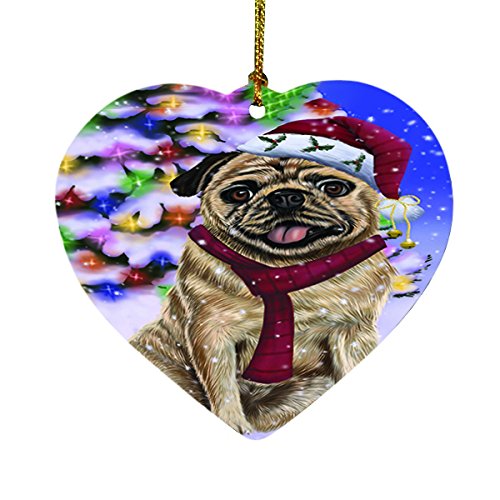 Winterland Wonderland Pug Dog In Christmas Holiday Scenic Background Heart Ornament D506