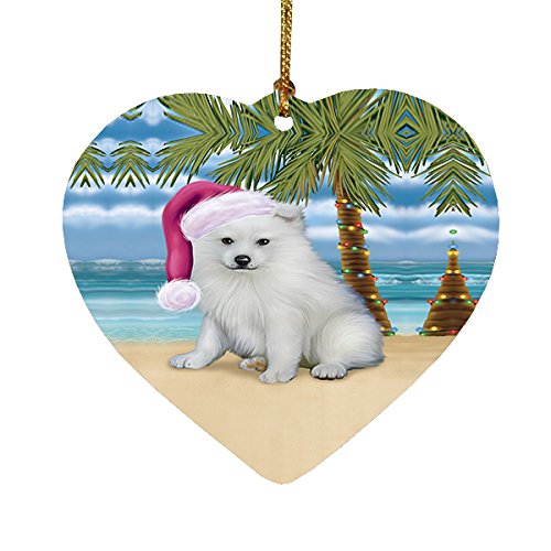 Summertime American Eskimo Puppy on Beach Christmas Heart Ornament POR2117