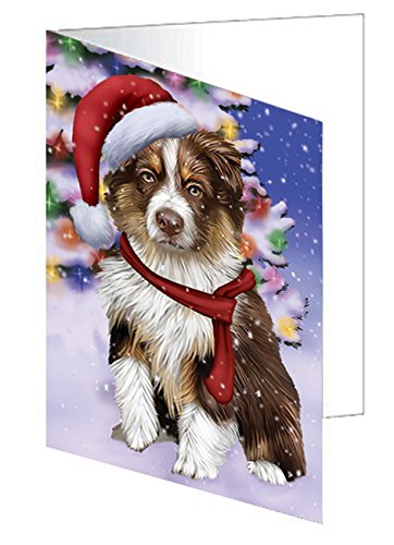 Winterland Wonderland Australian Shepherds Dog In Christmas Holiday Scenic Background Handmade Artwork Assorted Pets Greeting Cards and Note Cards with Envelopes for All Occasions and Holiday Seasons