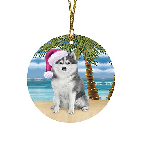 Summertime Husky Dog on Beach Christmas Round Flat Ornament POR1687