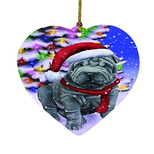 Winterland Wonderland Shar Pei Dog In Christmas Holiday Scenic Background Heart Ornament D513