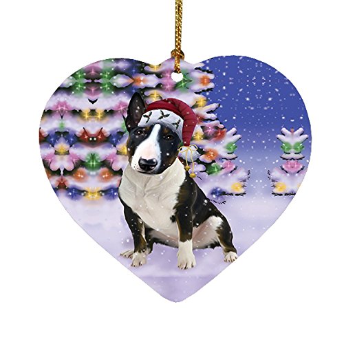 Winterland Wonderland Bull Terrier Dog In Christmas Holiday Scenic Background Heart Ornament