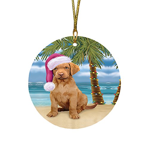 Summertime Christmas Happy Holidays Chesapeake Bay Retriever Puppy on Beach Round Flat Ornament POR1243