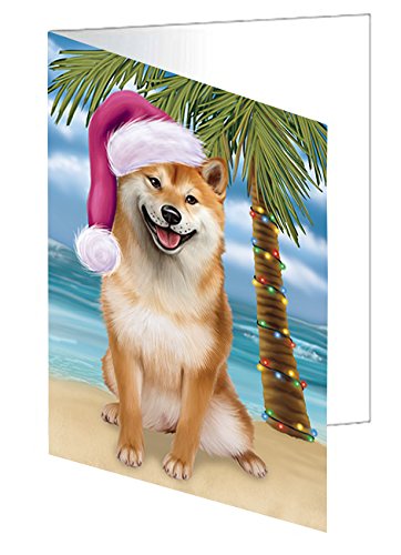 Summertime Happy Holidays Christmas Shiba Inu Dog on Tropical Island Beach Handmade Artwork Assorted Pets Greeting Cards and Note Cards with Envelopes for All Occasions and Holiday Seasons D444