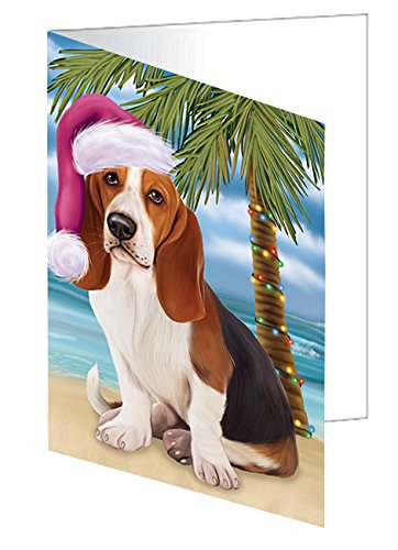 Summertime Happy Holidays Christmas Basset Hounds Dog on Tropical Island Beach Handmade Artwork Assorted Pets Greeting Cards and Note Cards with Envelopes for All Occasions and Holiday Seasons D394