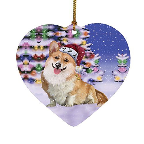 Winterland Wonderland Corgis Dog In Christmas Holiday Scenic Background Heart Ornament