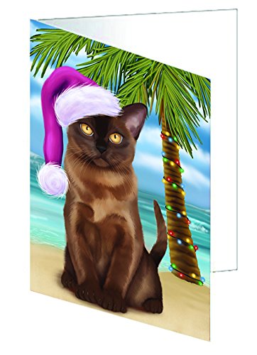 Summertime Happy Holidays Christmas Burmese Cat on Tropical Island Beach Handmade Artwork Assorted Pets Greeting Cards and Note Cards with Envelopes for All Occasions and Holiday Seasons