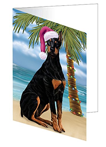 Summertime Happy Holidays Christmas Doberman Dog on Tropical Island Beach Handmade Artwork Assorted Pets Greeting Cards and Note Cards with Envelopes for All Occasions and Holiday Seasons D410