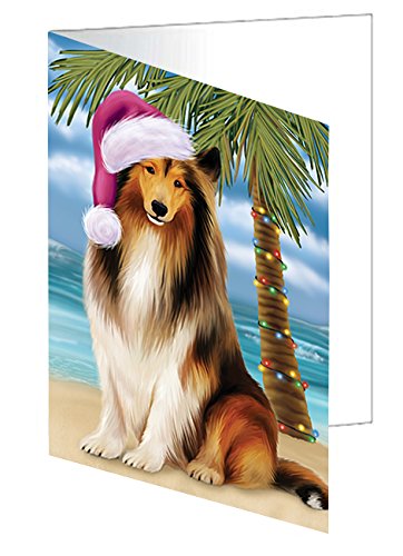 Summertime Christmas Happy Holidays Rough Collie Dog on Beach Handmade Artwork Assorted Pets Greeting Cards and Note Cards with Envelopes for All Occasions and Holiday Seasons GCD3200