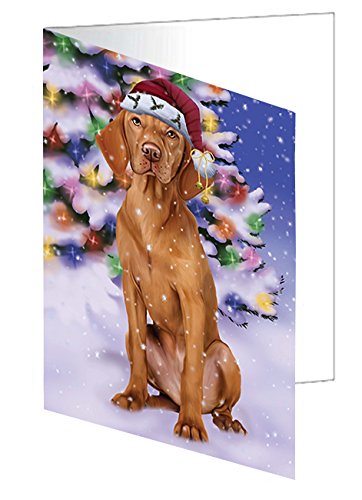 Winterland Wonderland Vizsla Dog In Christmas Holiday Scenic Background Handmade Artwork Assorted Pets Greeting Cards and Note Cards with Envelopes for All Occasions and Holiday Seasons