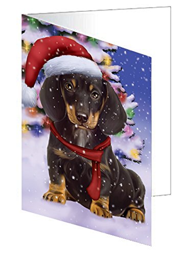Winterland Wonderland Dachshunds Dog In Christmas Holiday Scenic Background Handmade Artwork Assorted Pets Greeting Cards and Note Cards with Envelopes for All Occasions and Holiday Seasons