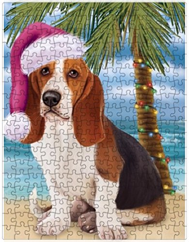 Summertime Happy Holidays Christmas Basset Hounds Dog on Tropical Island Beach Puzzle with Photo Tin