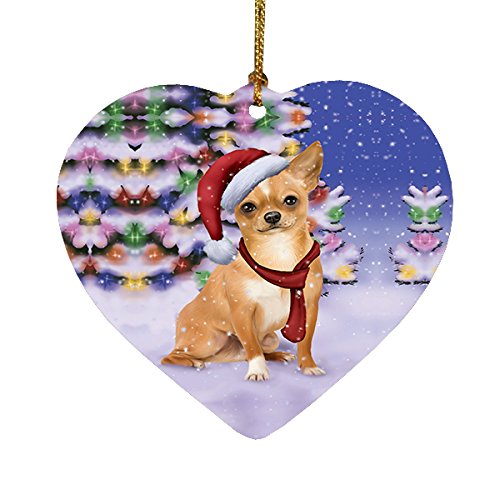 Winterland Wonderland Chihuahua Puppy Dog In Christmas Holiday Scenic Background Heart Ornament