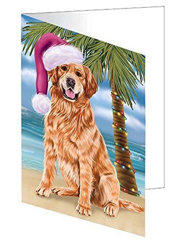 Summertime Happy Holidays Christmas Golden Retrievers Dog on Tropical Island Beach Handmade Artwork Assorted Pets Greeting Cards and Note Cards with Envelopes for All Occasions and Holiday Seasons D416
