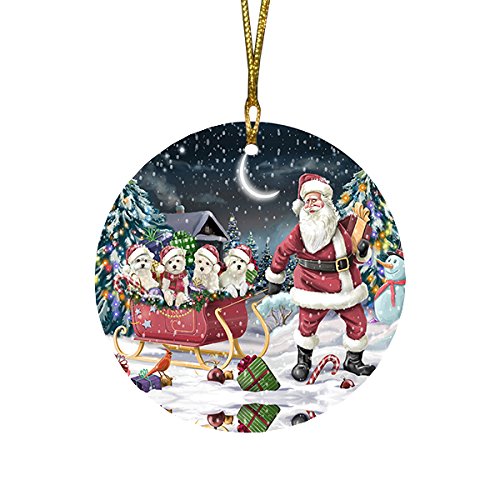Santa Sled Dogs Maltese Christmas Round Flat Ornament POR1531