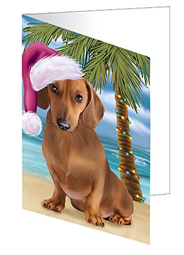 Summertime Christmas Happy Holidays Dachshund Dog on Beach Handmade Artwork Assorted Pets Greeting Cards and Note Cards with Envelopes for All Occasions and Holiday Seasons GCD3145