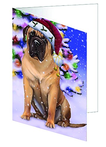 Winterland Wonderland Bullmastiff Dog In Christmas Holiday Scenic Background Handmade Artwork Assorted Pets Greeting Cards and Note Cards with Envelopes for All Occasions and Holiday Seasons
