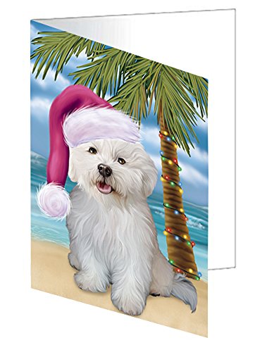 Summertime Happy Holidays Christmas Bichon Frise Dog on Tropical Island Beach Handmade Artwork Assorted Pets Greeting Cards and Note Cards with Envelopes for All Occasions and Holiday Seasons