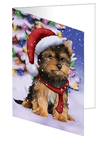 Winterland Wonderland Yorkshire Terriers Puppy Dog In Christmas Holiday Scenic Background Handmade Artwork Assorted Pets Greeting Cards and Note Cards with Envelopes for All Occasions and Holiday Seasons