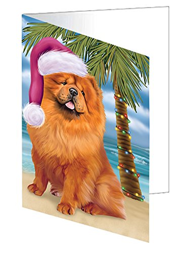 Summertime Happy Holidays Christmas Chow Chow Dog on Tropical Island Beach Handmade Artwork Assorted Pets Greeting Cards and Note Cards with Envelopes for All Occasions and Holiday Seasons D404