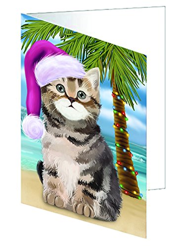 Summertime Happy Holidays Christmas British Shorthair Cat on Tropical Island Beach Handmade Artwork Assorted Pets Greeting Cards and Note Cards with Envelopes for All Occasions and Holiday Seasons