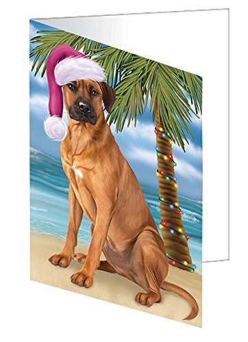 Summertime Happy Holidays Christmas Rhodesian Ridgeback Dog on Tropical Island Beach Handmade Artwork Assorted Pets Greeting Cards and Note Cards with Envelopes for All Occasions and Holiday Seasons D434