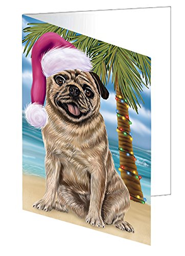 Summertime Happy Holidays Christmas Pugs Dog on Tropical Island Beach Handmade Artwork Assorted Pets Greeting Cards and Note Cards with Envelopes for All Occasions and Holiday Seasons D432