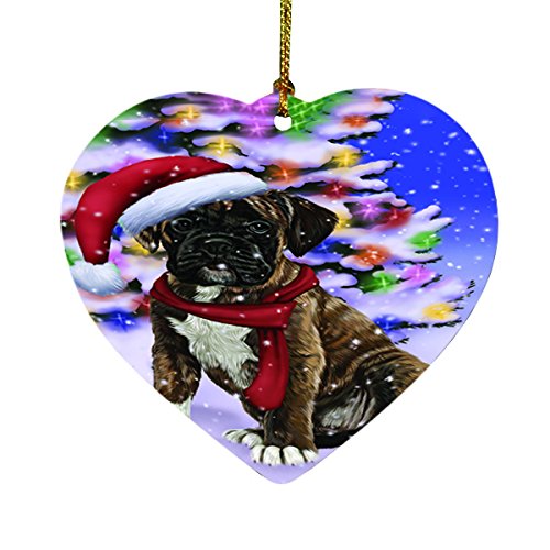 Winterland Wonderland Boxers Dog In Christmas Holiday Scenic Background Heart Ornament D487