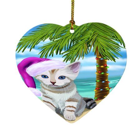 Summertime Happy Holidays Christmas Bengal Cat on Tropical Island Beach Heart Ornament D421