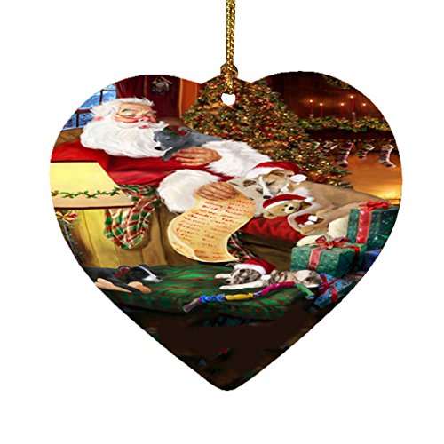 Whippet Dog and Puppies Sleeping with Santa Heart Christmas Ornament